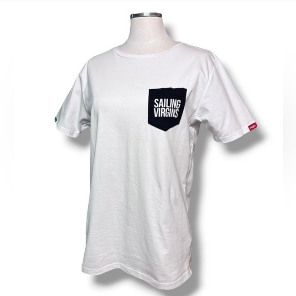 SAILING VIRGINS SV White T-Shirt Black Pocket “Sailing is Wet” Size Medium